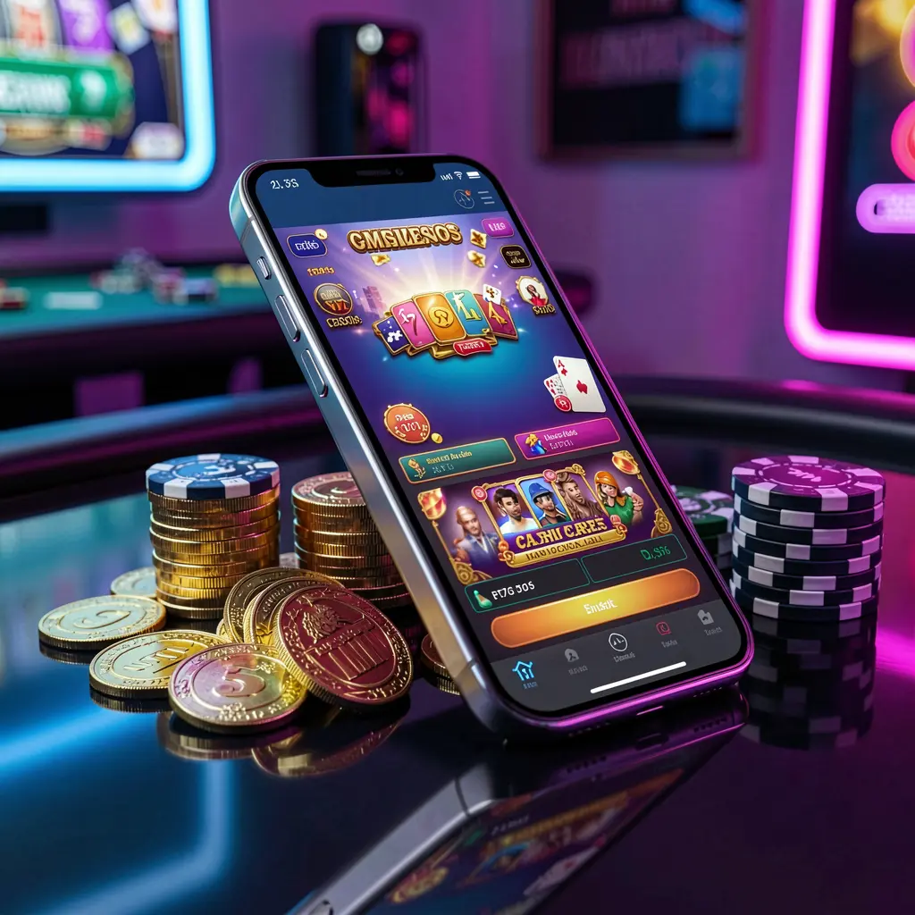 TK93888 mobile casino dashboard on smartphone displaying colorful gaming interface with golden coins and poker chips on glossy table under elegant neon lighting