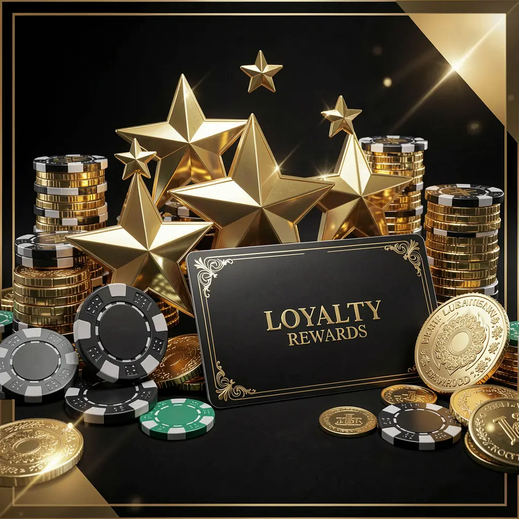TK93888 loyalty rewards casino image featuring golden stars, poker chips, coins, and a luxury reward card against an elegant black and gold background in a realistic 3D render