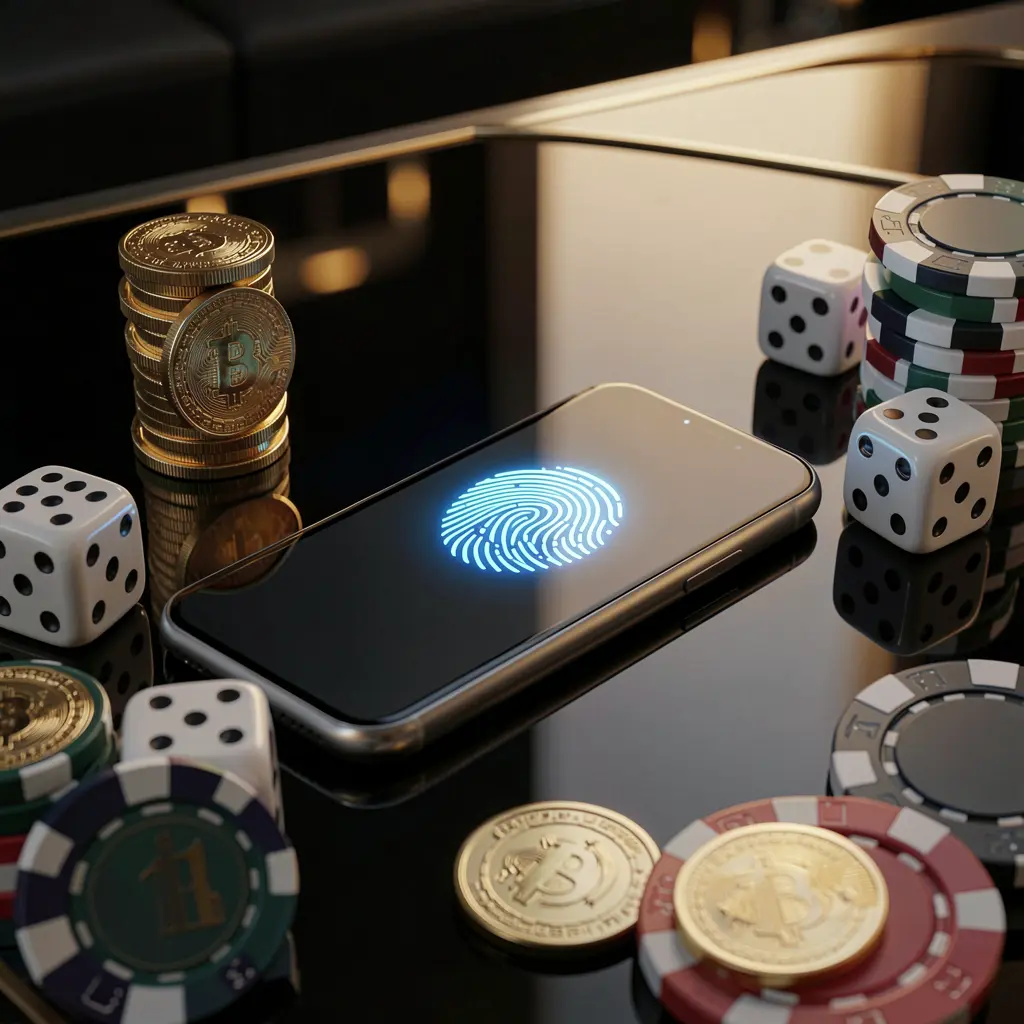 TK93888 online gaming account access scene with smartphone displaying glowing fingerprint icon, golden coins, dice, and poker chips on glossy table under cinematic lighting