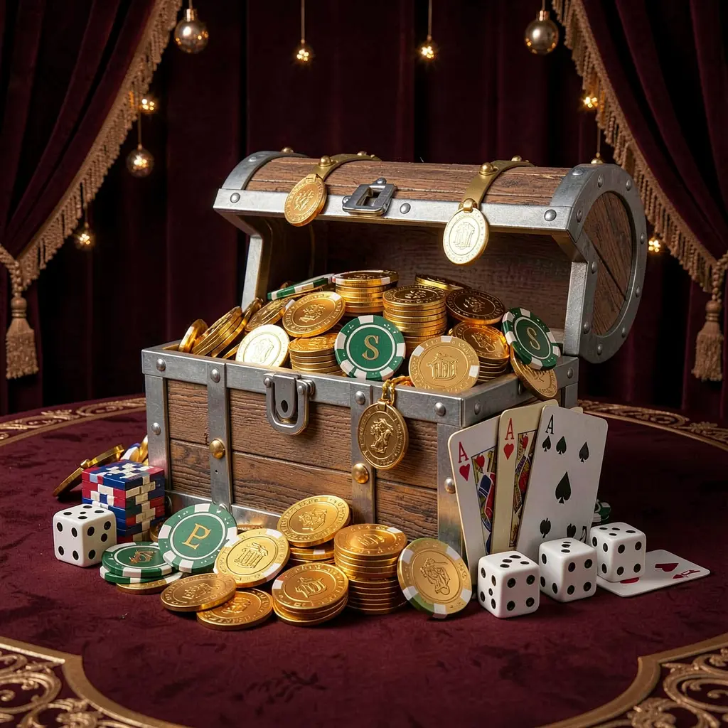 TK93888 online casino welcome banner featuring a treasure chest filled with golden coins and casino chips, surrounded by playing cards and dice against a dark luxury background with a festive premium atmosphere